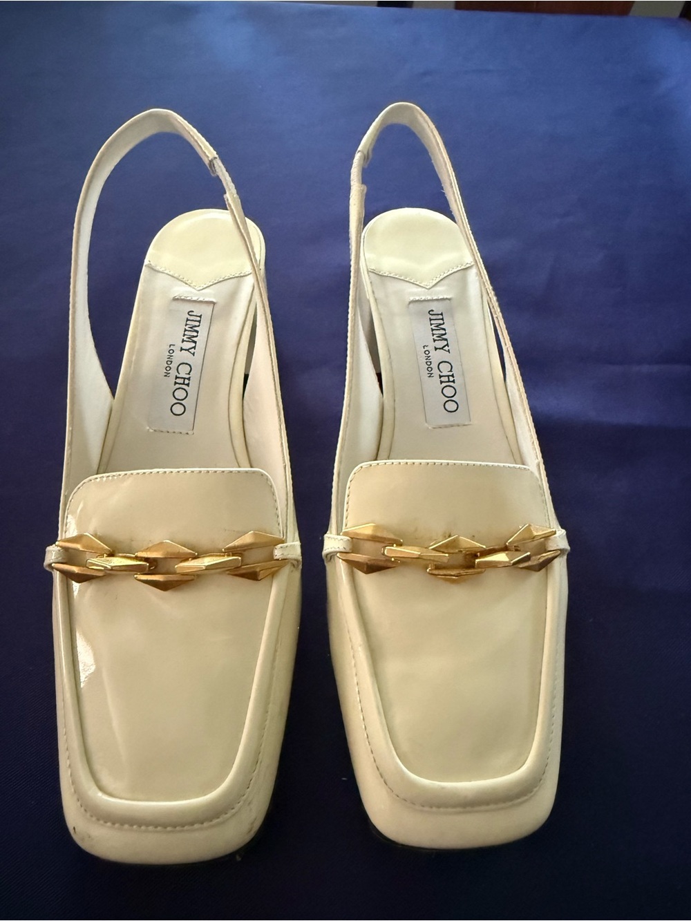 Jimmy Choo Ivory Patent Leather Slingback Loafers with Gold Chain Detail